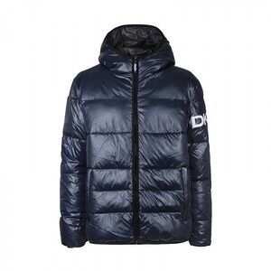 DKNY Men's Dark Blue & Black Hooded Shiny Puffer Full Zip Winter Jacket- Medium